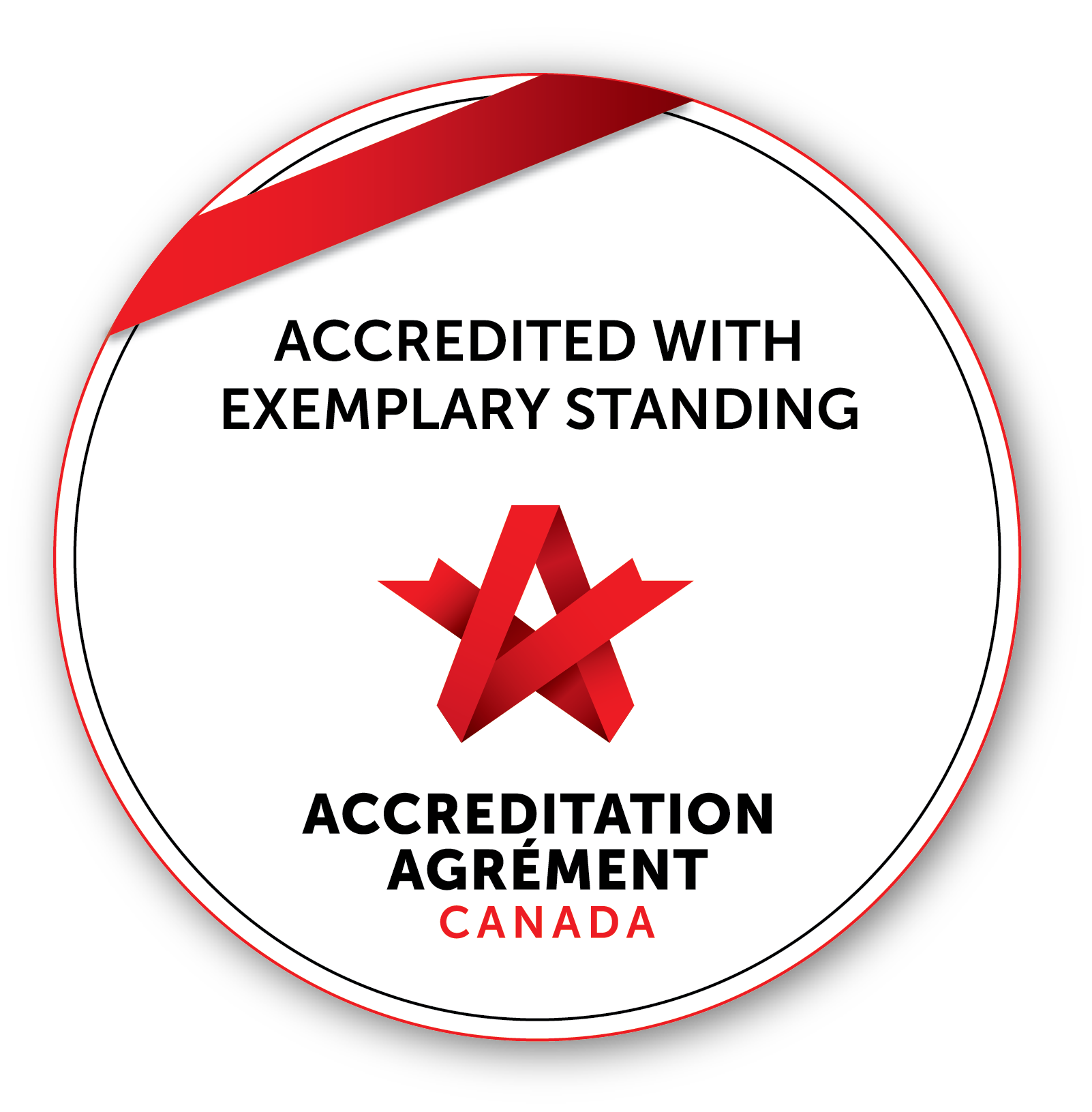 Accreditation Seal - circle with red banner and Accreditation Canada Logo